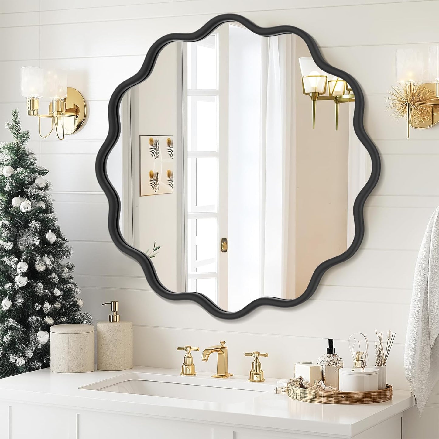 PROHOMEWARE Black Round Mirror 28 Inch Wavy Bathroom Vanity Mirror Gold Frame Modern Wall Mirror Decorative Wall-Mounte Anti-Rust, Tempered Glass