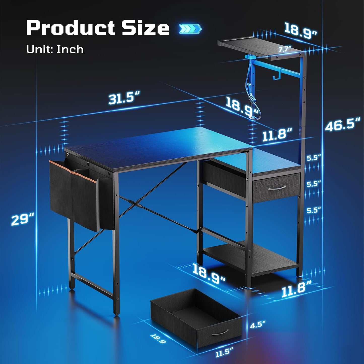 Bestier Gaming Desk with LED Lights, 44 Inch Reversible Computer Desk with Drawers & Storage Shelves for Small Spaces, PC Gamer Table with Storage Bag & Side Hook, Black