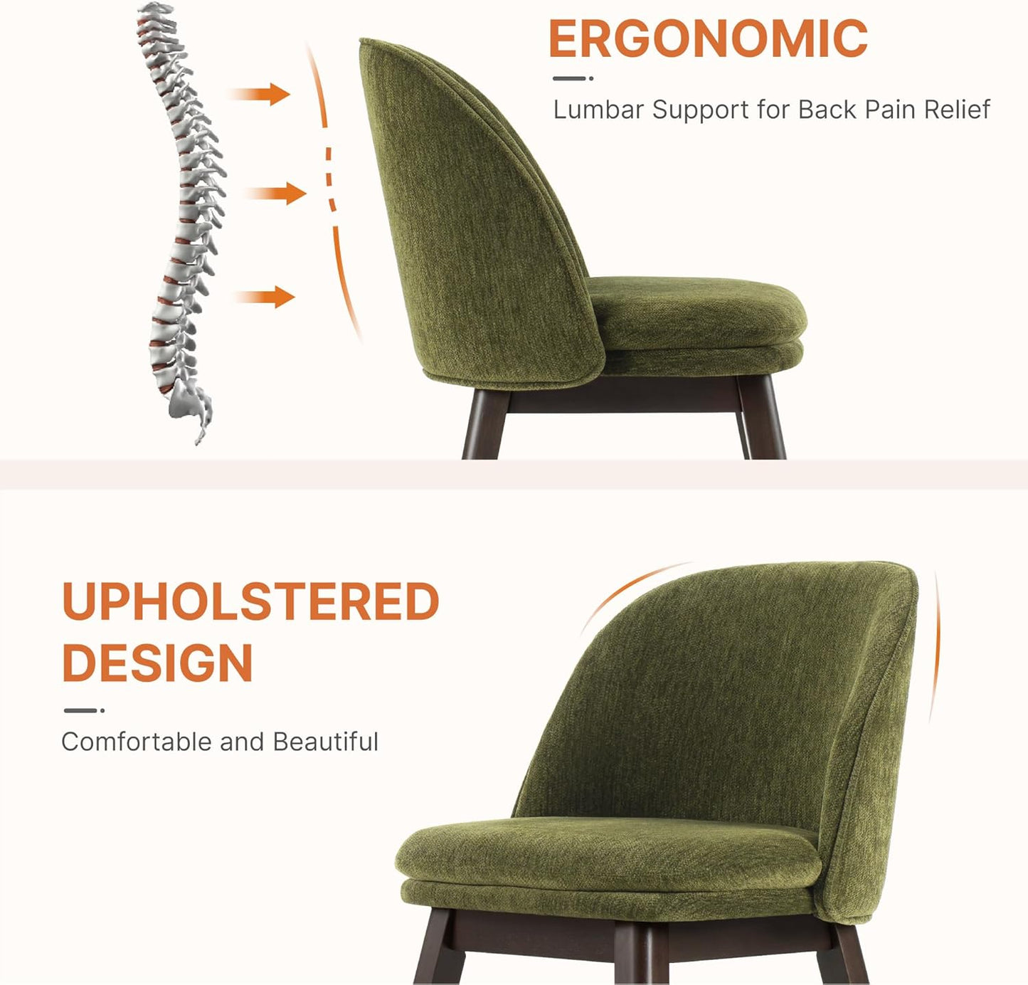 Wooden Dining Chairs Set of 2, Fabric Upholstered Modern Dining Room Chairs with Double-Layer Thick Seat Cushion & Ergonomic Backrest for Restaurant, Kitchen and Café, Green