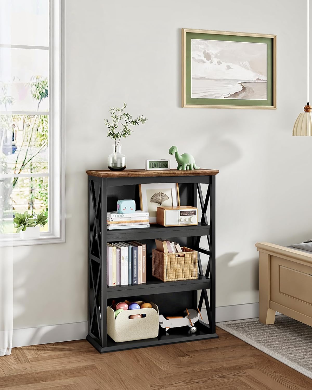 4-Tier Bookcase, 42.9" Floor Standing Organizer Shelf, Corner Book Stand, Metal Frame, for Study, Bedroom, Living Room, Black and Walnut TSJ01BL