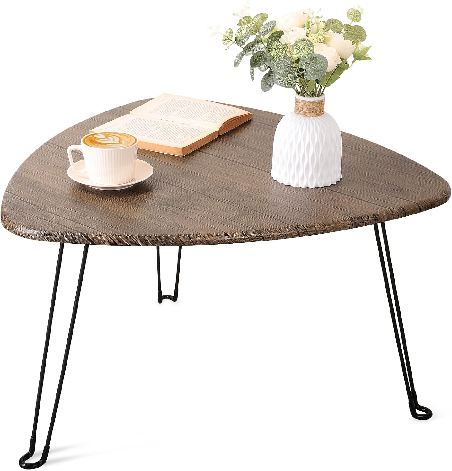Folding Coffee Table for Living Room Small Wooden Folding Tables with Steel Legs Light Brown Triangle Coffee Table Mid Century Modern Floor Desk Low Table for Small Spaces Home Office