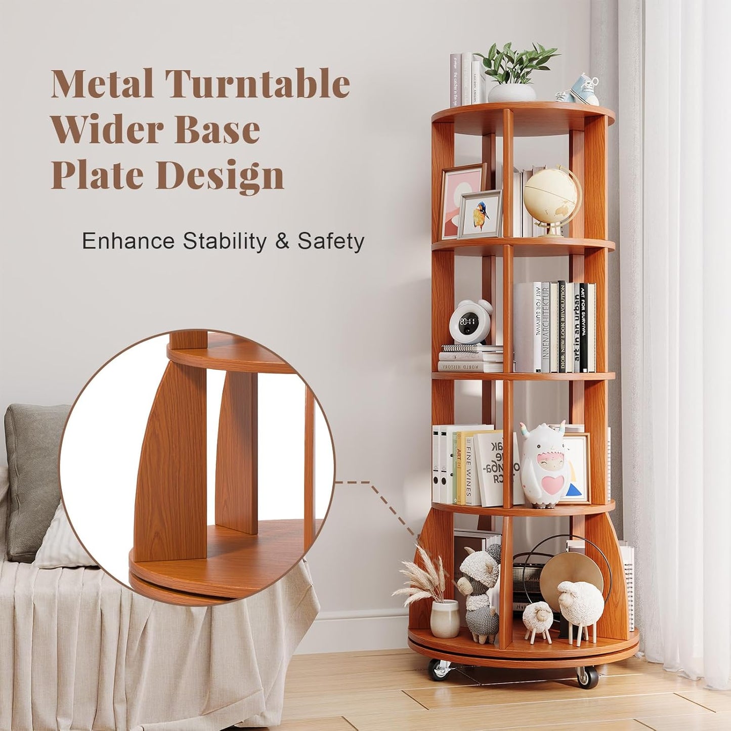 4 Tier Rotating Bookshelf with Brake Wheels, 360° Spinning Bookcase, Vertical Floor Standing Revolving Bookshelf Organizer for Small Spaces, Corner, Living Room, Bedroom, Rustic Brown