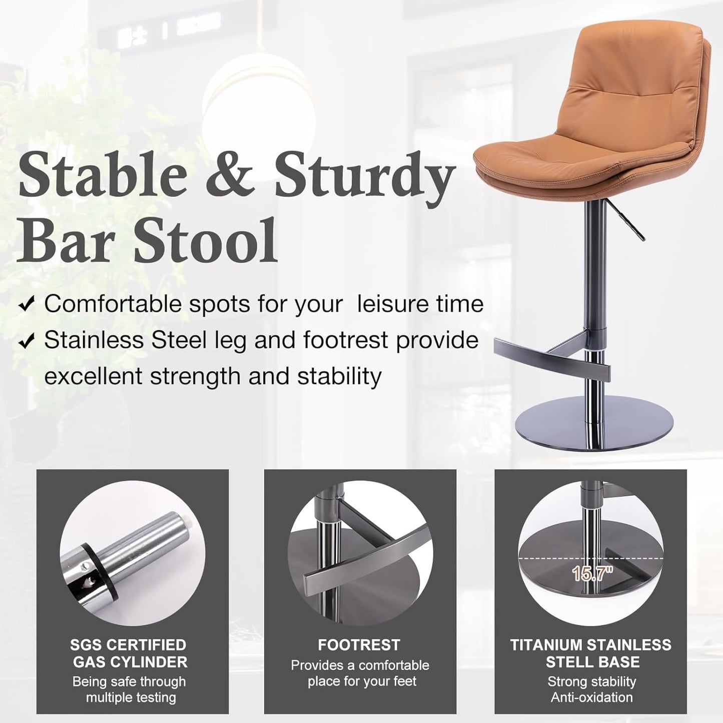 CozyRain Bar Stools Adjustable Stainless Steel Swivel Barstool with Back and Footrest,Modern Faux Leather Upholstered Bar Chairs for Home Kitchen,Bar, Counter Black/Light Brown (Light Brown)