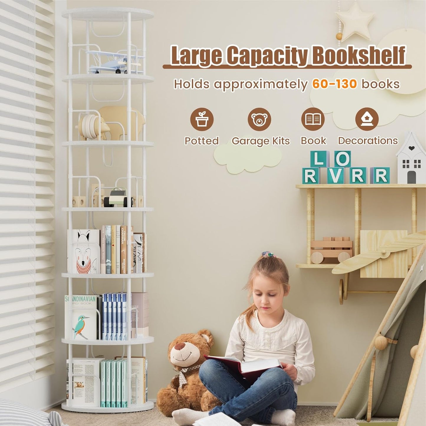 6 Tier Rotating Bookshelf, 360 ° Display Stackable Spinning Bookshelf Tower, Corner Bookshelf Tall Floor Standing Swivel Bookcase Narrow Storage Organizer for Bedroom, Living Room, White