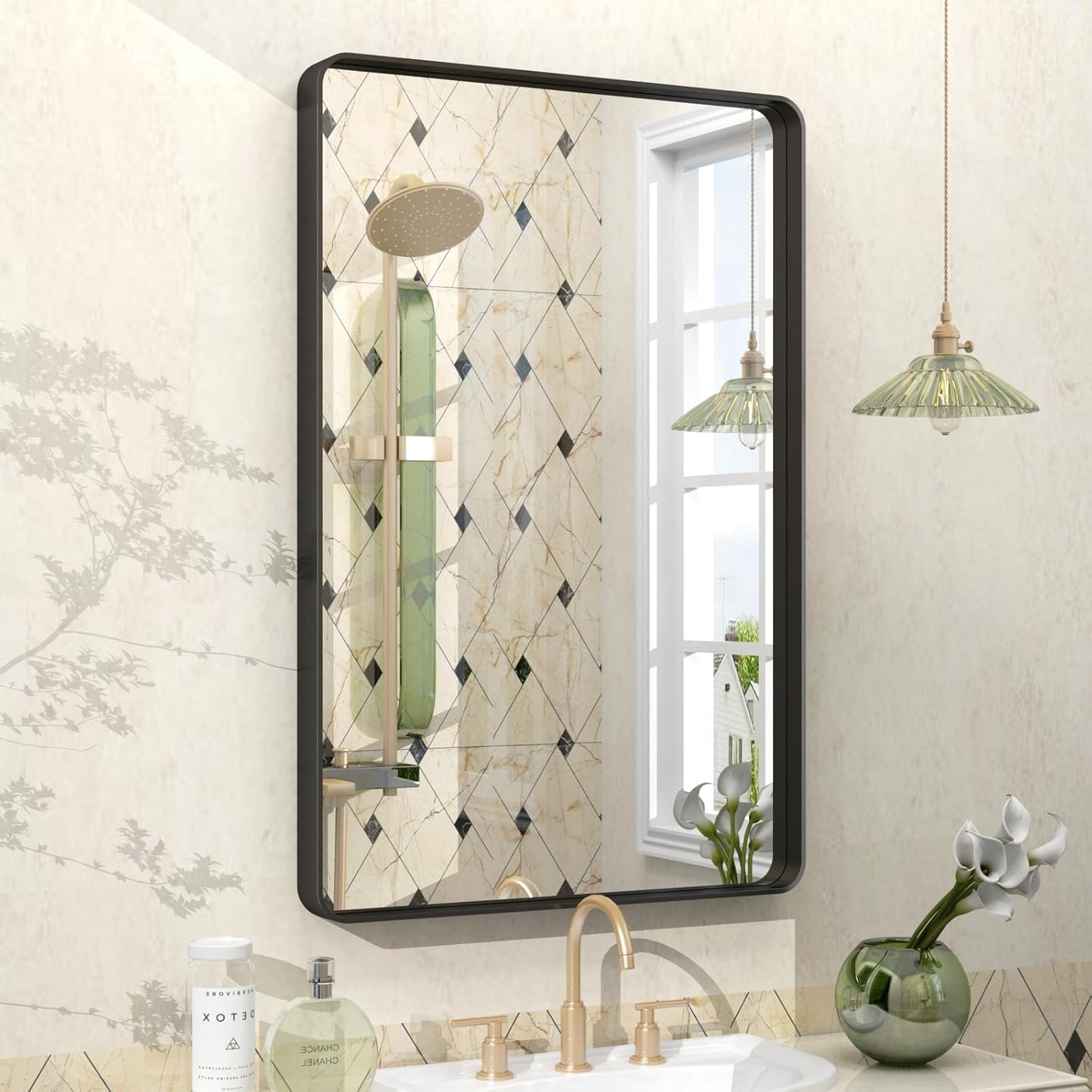 20x30 Inch Black Framed Bathroom Mirror for Wall, Matte Metal Framed Wall Mirror, Rounded Corner Rectangle Bathroom Vanity Mirror, Anti-Rust, Shatterproof (Horizontal/Vertical)