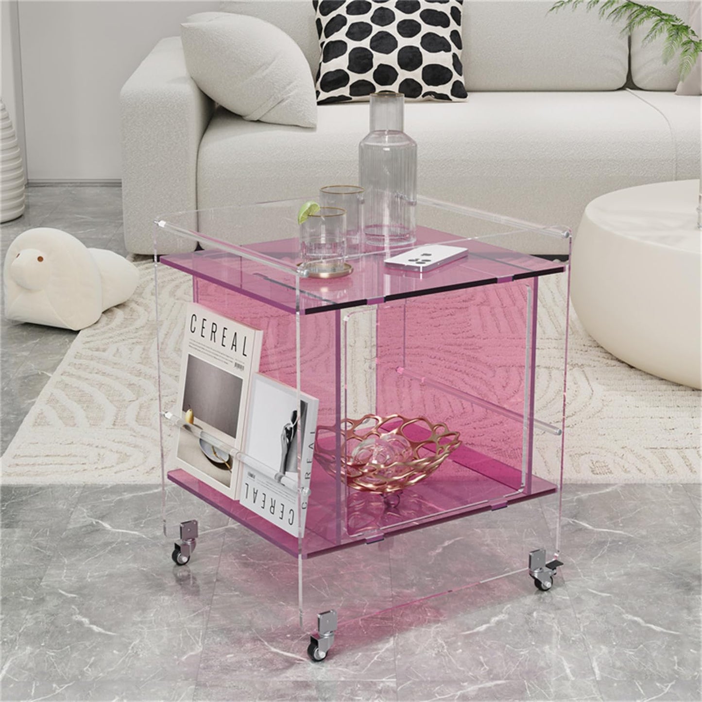 Transparent Acrylic Mobile Side Table with Wheels - Multifunctional Storage & Stylish Home Decor (Pink)