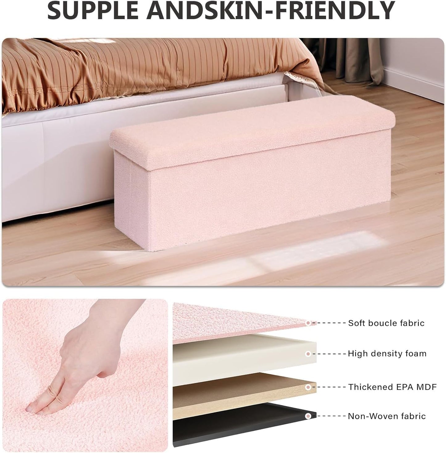 43 Inches Storage Ottoman Bench - Extra Large Foldable Ottoman with Storage, Bench for Living Room, Bedroom, Entryway - Pink