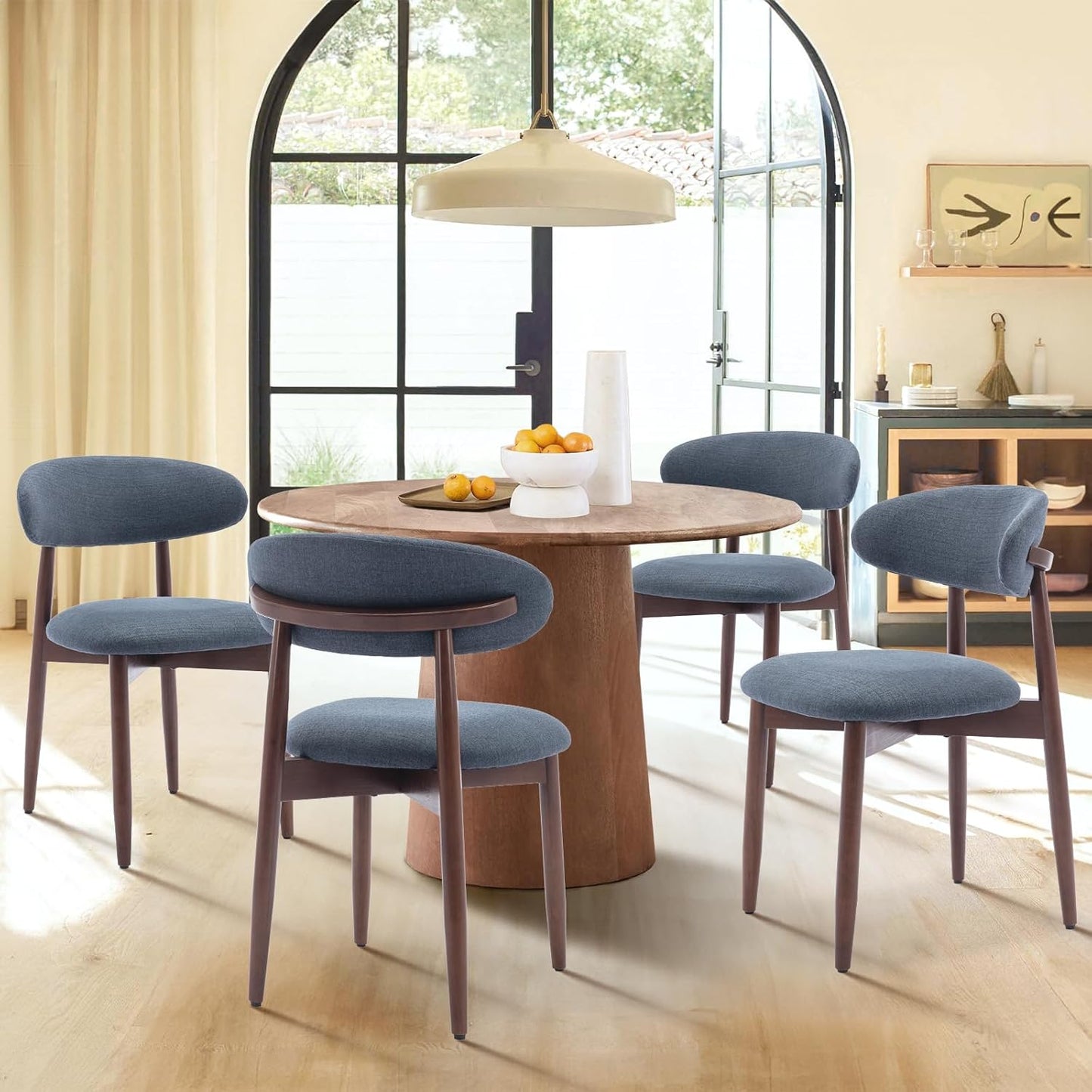 COLAMY Wooden Dining Chairs Set of 6, Modern Fabric Upholstered Dining Room Chair, Farmhouse Kitchen Chairs with Foot Pegs, Blue