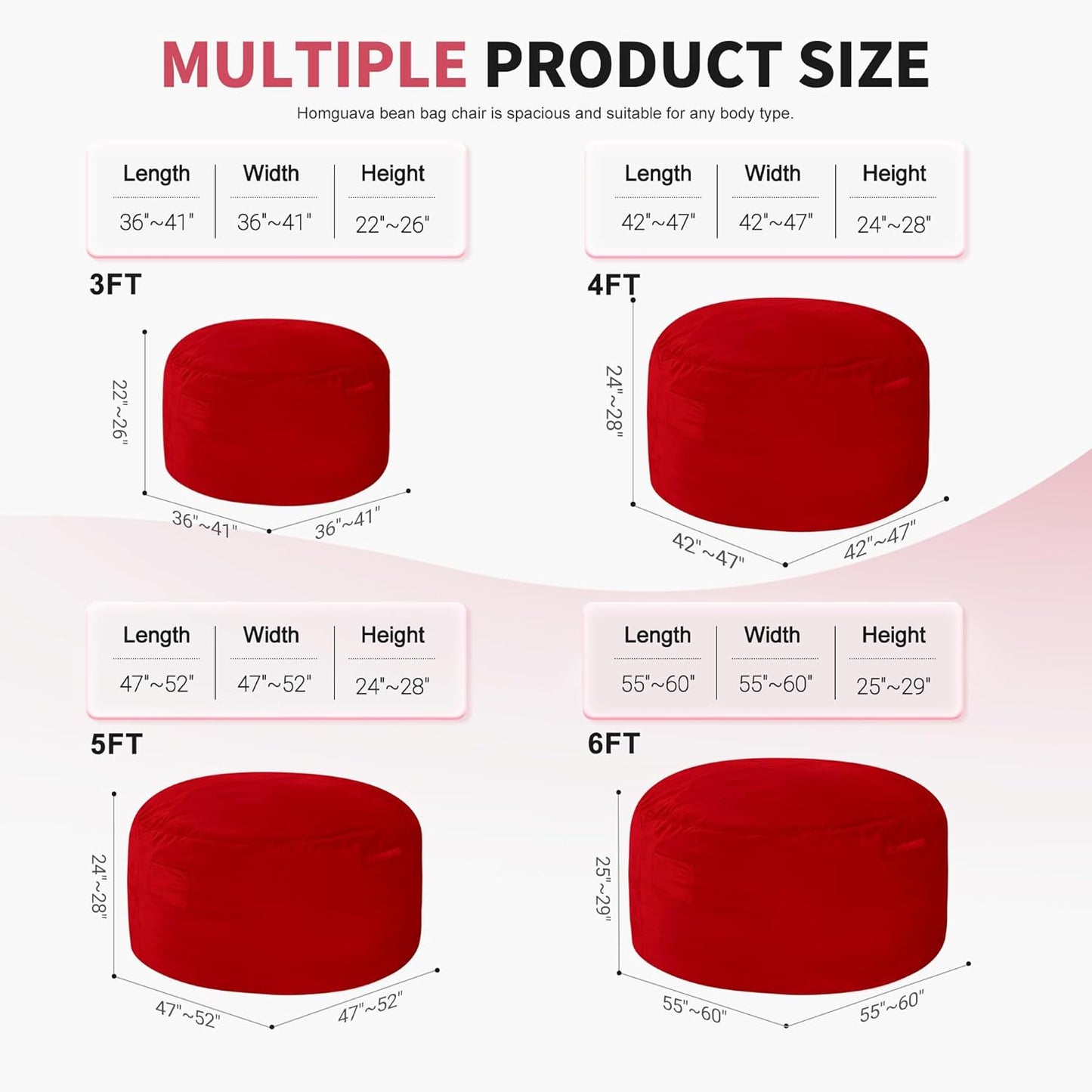 Homguava 5FT Bean Bag Chair Giant BeanBag with Memory Foam Filled, Comfy Bean Bag Chairs for Adults, Adult Bean Bag Chair with Dutch Velvet Cover for Living Room Bedroom-Red