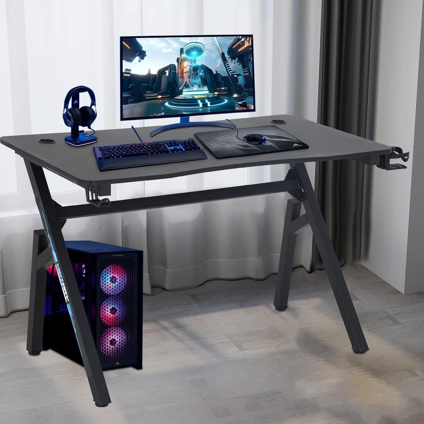 BestOffice Gaming Desk Computer Desk 47"x 23" Home Office Desk Extra Large Modern Ergonomic Black PC Carbon Fiber Table Gamer Workstation with Cup Holder Headphone Hook,Blue