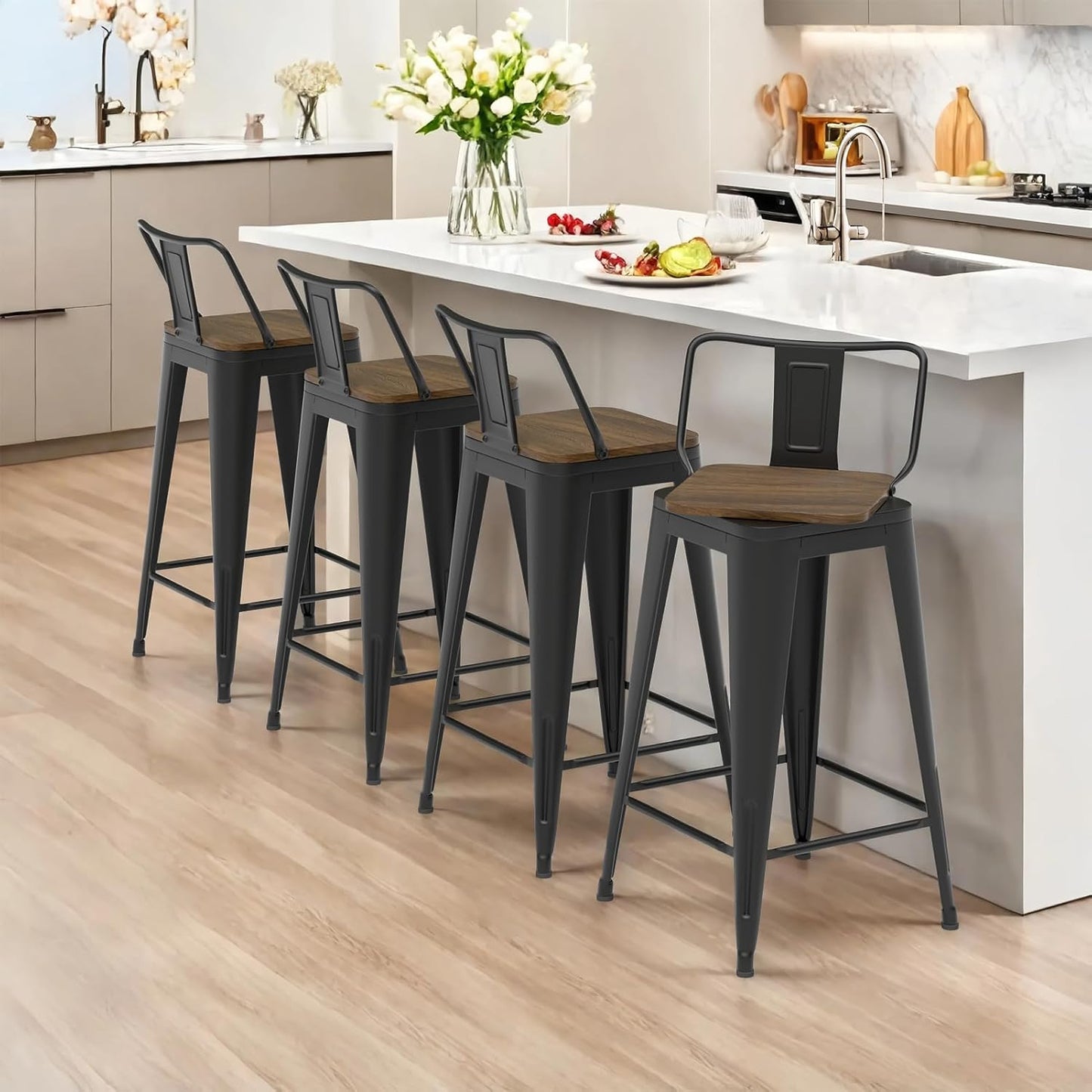 24 Inch Swivel Bar Stools Set of 4, Counter Height Bar Stools with Low Back, Metal Industrial Bar Chairs for Kitchen Island (Matte Black)