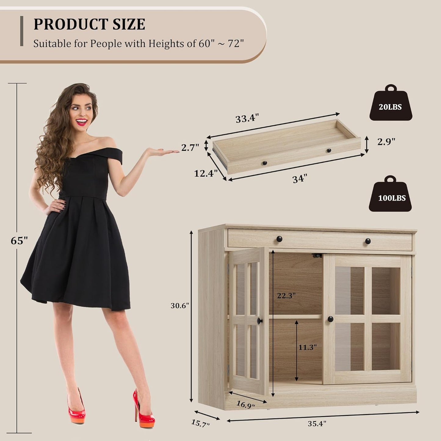 GarveeHome 35.4" Sideboard Buffet Cabinets with Glass Door, Buffet Cabinet with Storage, Oak Sideboard Cabinet with Drawer, Modern Buffets & Sideboards for Dining Room, Kitchen