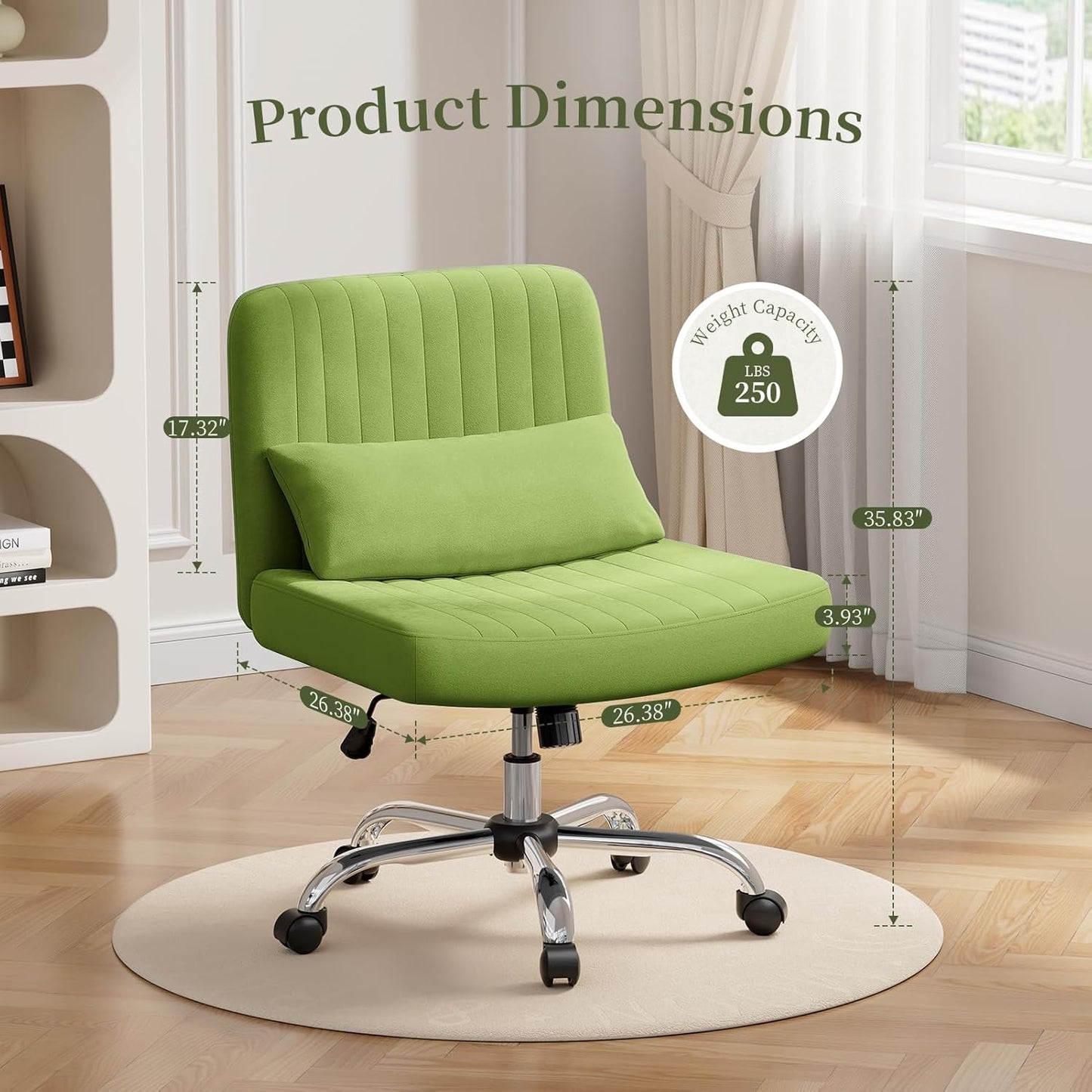 Warmiehomy Criss Cross Office Chair with Wheels, Velvet Cross-Legged Desk Chairs for Home, Height Adjustable Swivel Wide Seat Computer Chair, Morden Vanity Chair for Women, Light Green