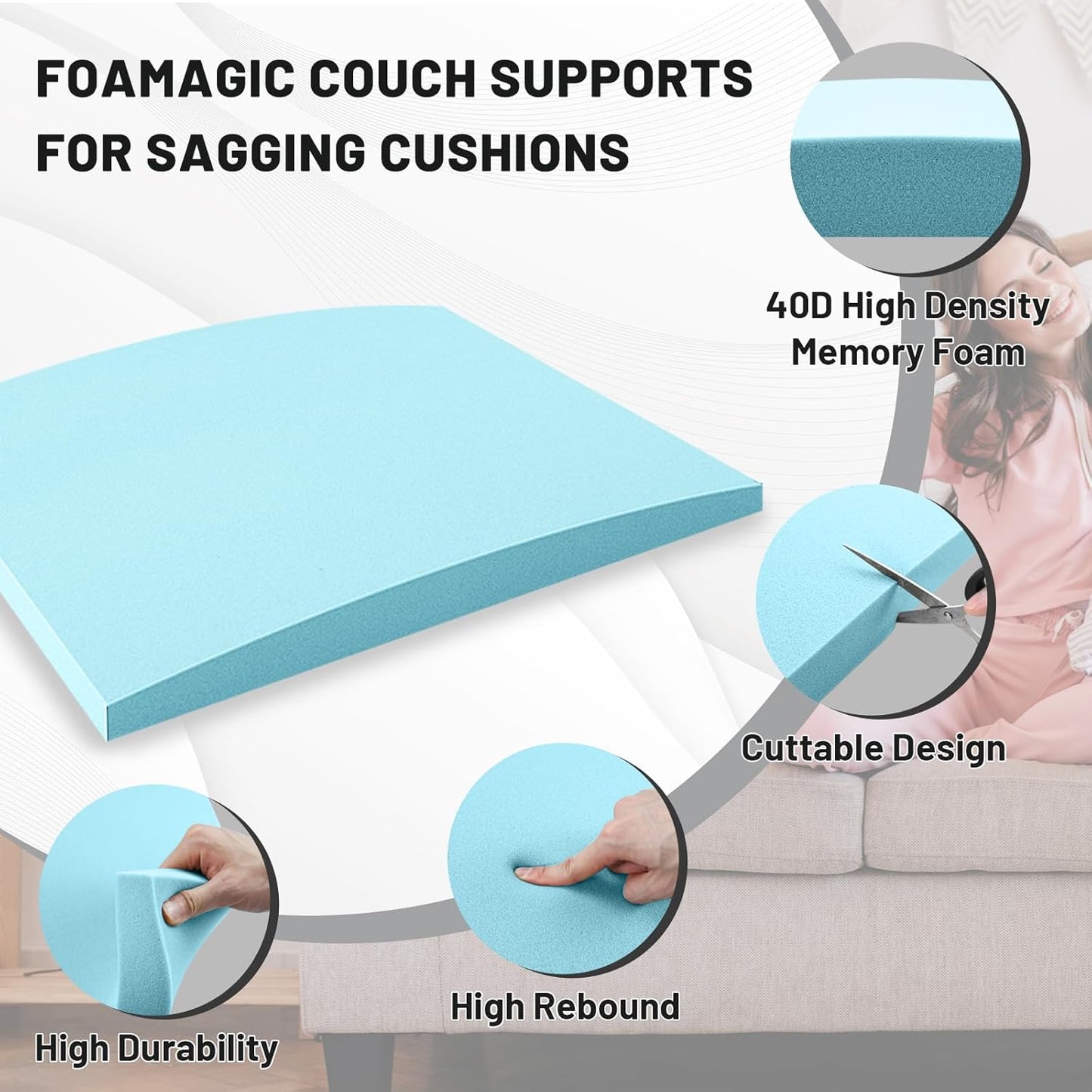 Couch Cushion Support for Sagging Seat – 3 Pack 20x20x3.15 Inch Sofa Cushion Board Saver & Replacement Insert for Saggy Couch or Chair, Quick No-Tool Install with 40D Memory Foam