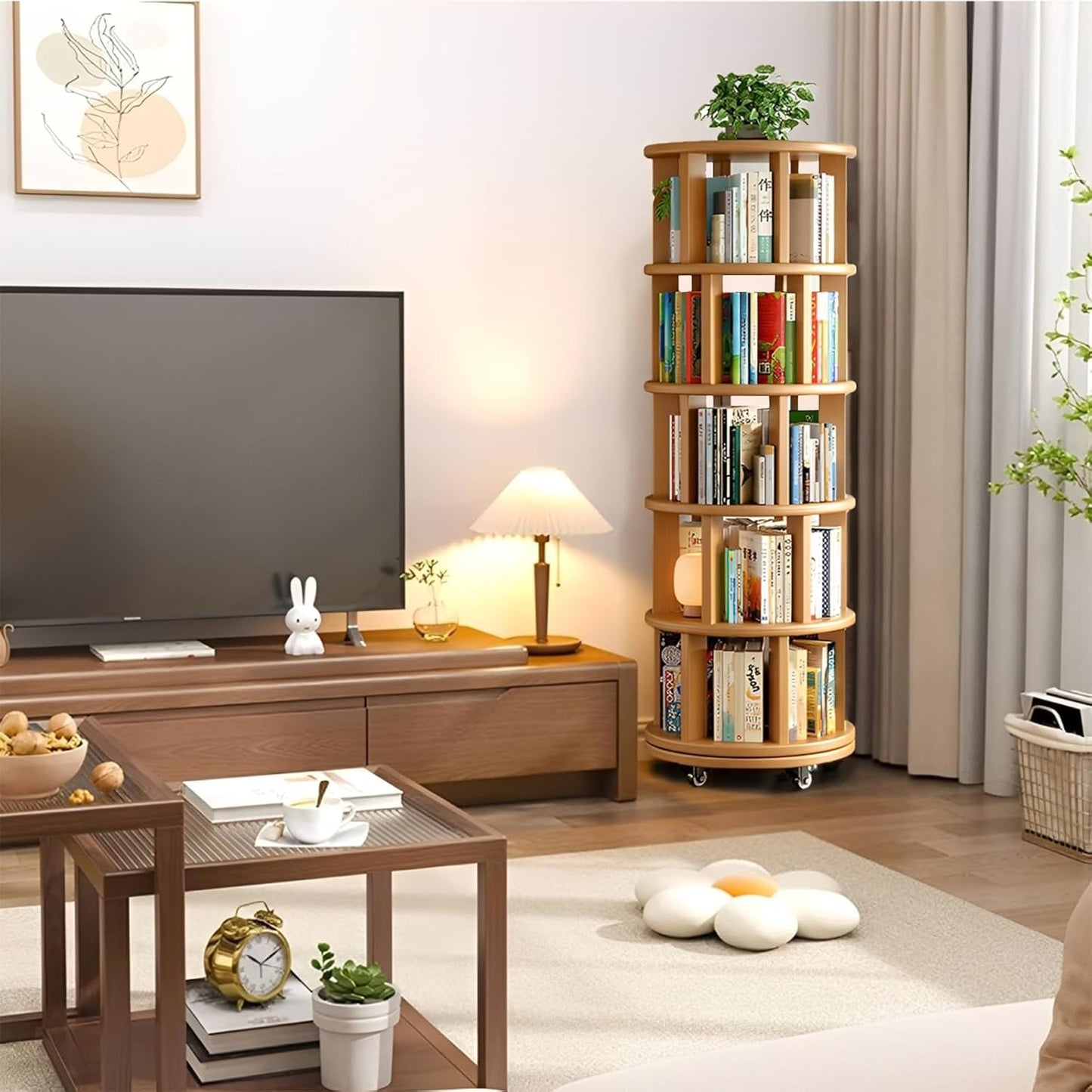 Wood Rotating Bookshelf on Wheels, 360-Degree Space Saving Bookcase, Large Capacity Spinning Bookshelf Tower for Living Room,Bedroom and Corners (Nature-5 Layers)