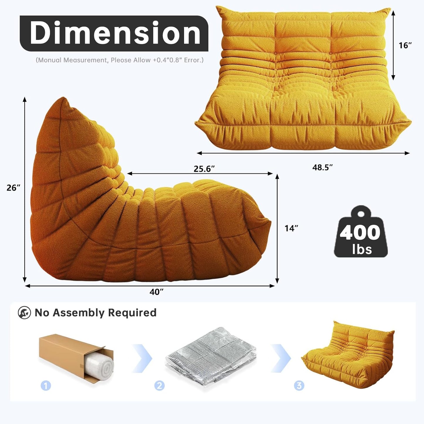 Bean Bag Chairs for Adults, BeanBag Reading Chair Memory Foam Couch, Floor Chair Soft Teddy Material, Comfy Reading Nook Chairs for Bedroom Living Room Office(Yellow)
