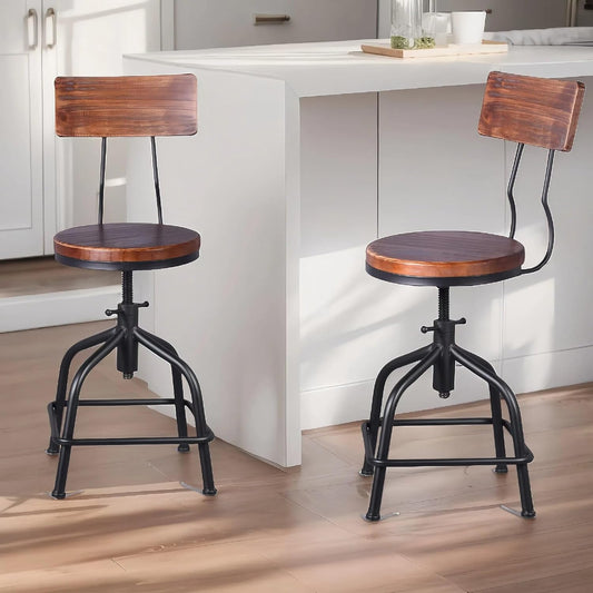 Topower Farmhouse Kitchen Stool, Industrial Counter Stool, Kitchen Deco Round Seat Standard Height Adjustable Swivel Bar Stools with Backrest Indoor House Design Wood Backrest Black Set of 2