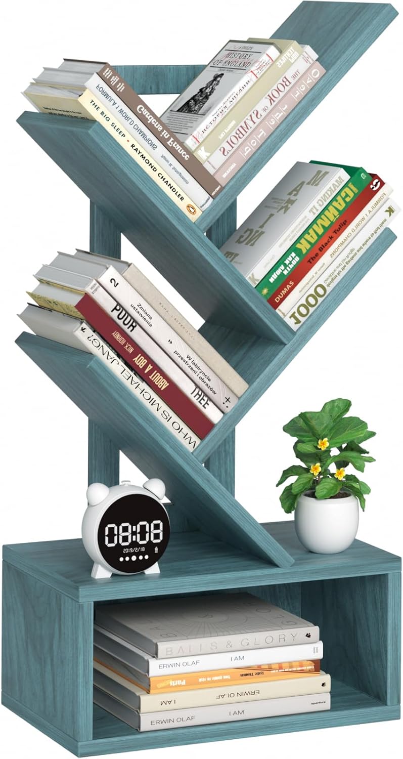 Small Tree Book Shelf,5 Tier Black Tree Bookshelf,Blue Desktop Bookcase,Modern Desk Display Storage Bookshelves,Floor Standing Organizer Bookcases for Living Room,Bedroom,Office-Blue