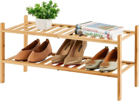 2-Tier Bamboo Shoe Rack for Entryway, Bamboo Wood Shoe Organizer for Hallway Closet, Free Standing Shoe Racks for Indoor Outdoor