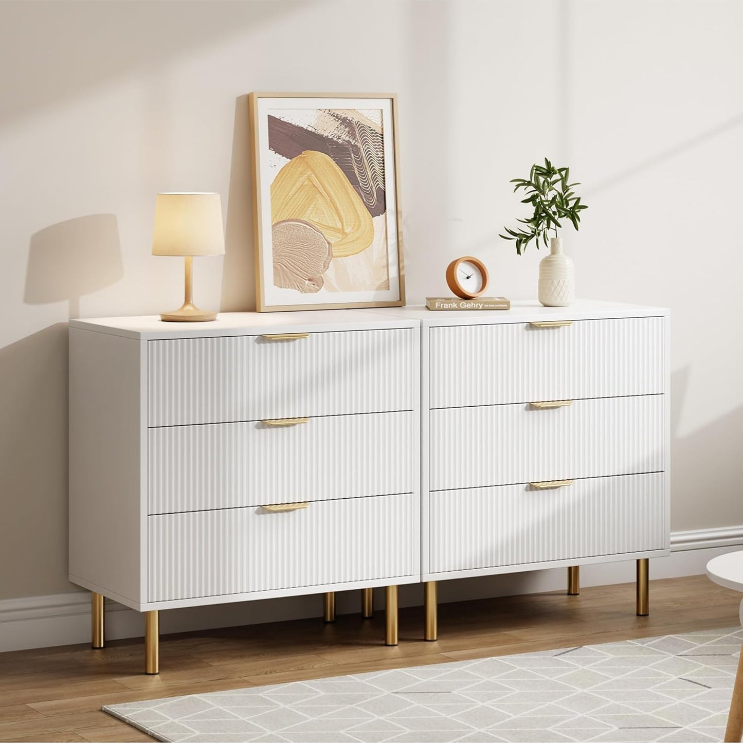 White Dresser, Modern 3 Drawer Dresser for Bedroom with Gold Handle and Large Drawer, Wood Double Chest of Drawers and Storage Organizer for Living Room, Hallway, Entryway