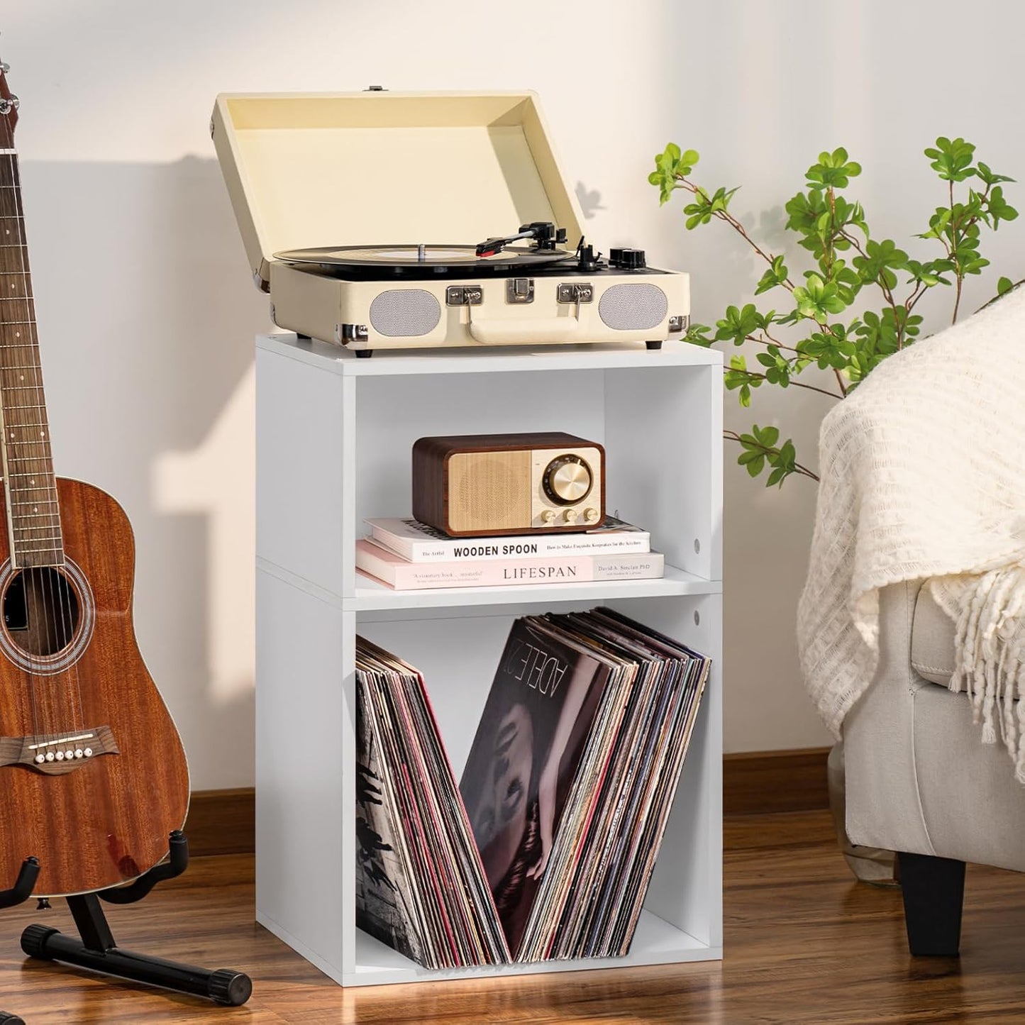 YAHARBO 2 Cube Bookshelf, White Record Player Stand with Vinyl Storage Up to 100 Albums, Horizontal Low Book Shelf, Mini Bookcase with Storage Organizer, Small Turntable Stand for Living Room, Bedroom