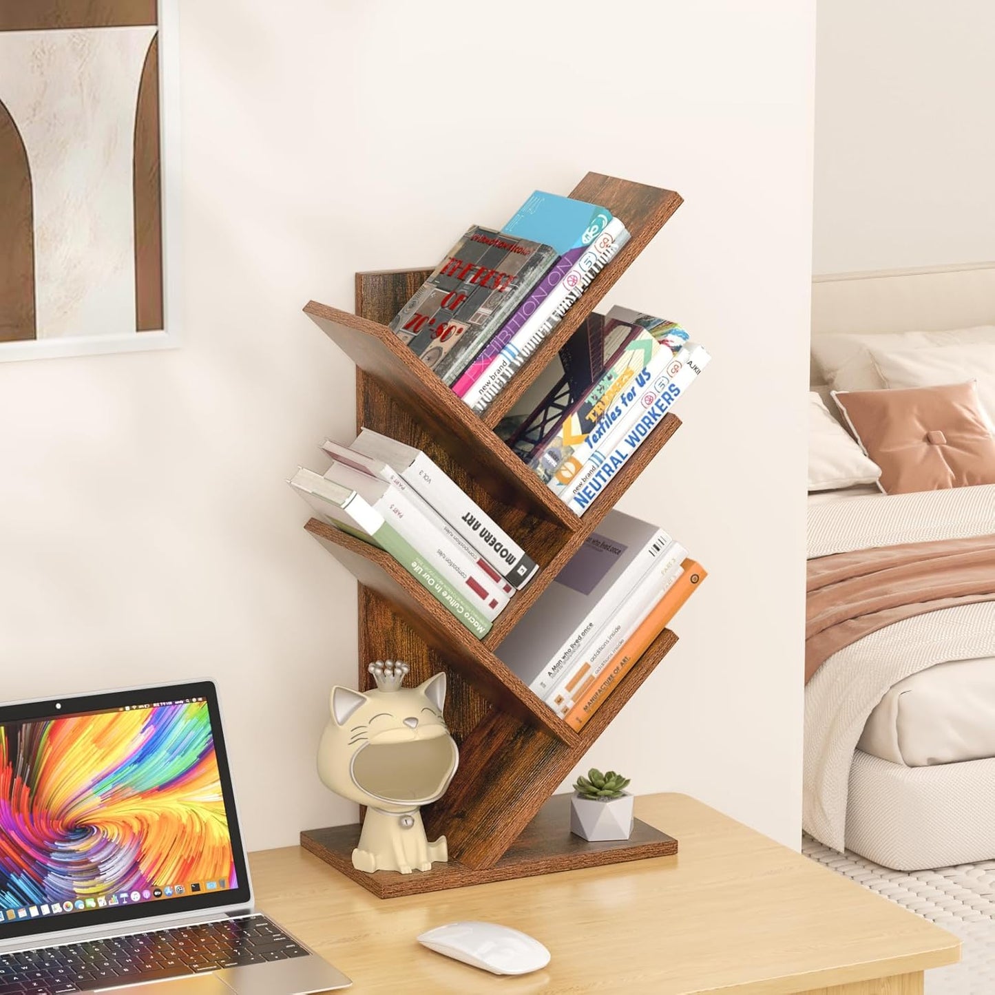 5 Tier Tree Book Shelf, Small Desktop Bookshelf with Storage Organizer, Wood Bookcase, Desk Display Bookshelves, Floor Standing Organizer Bookcases for Living Room,Bedroom,Office-Brown