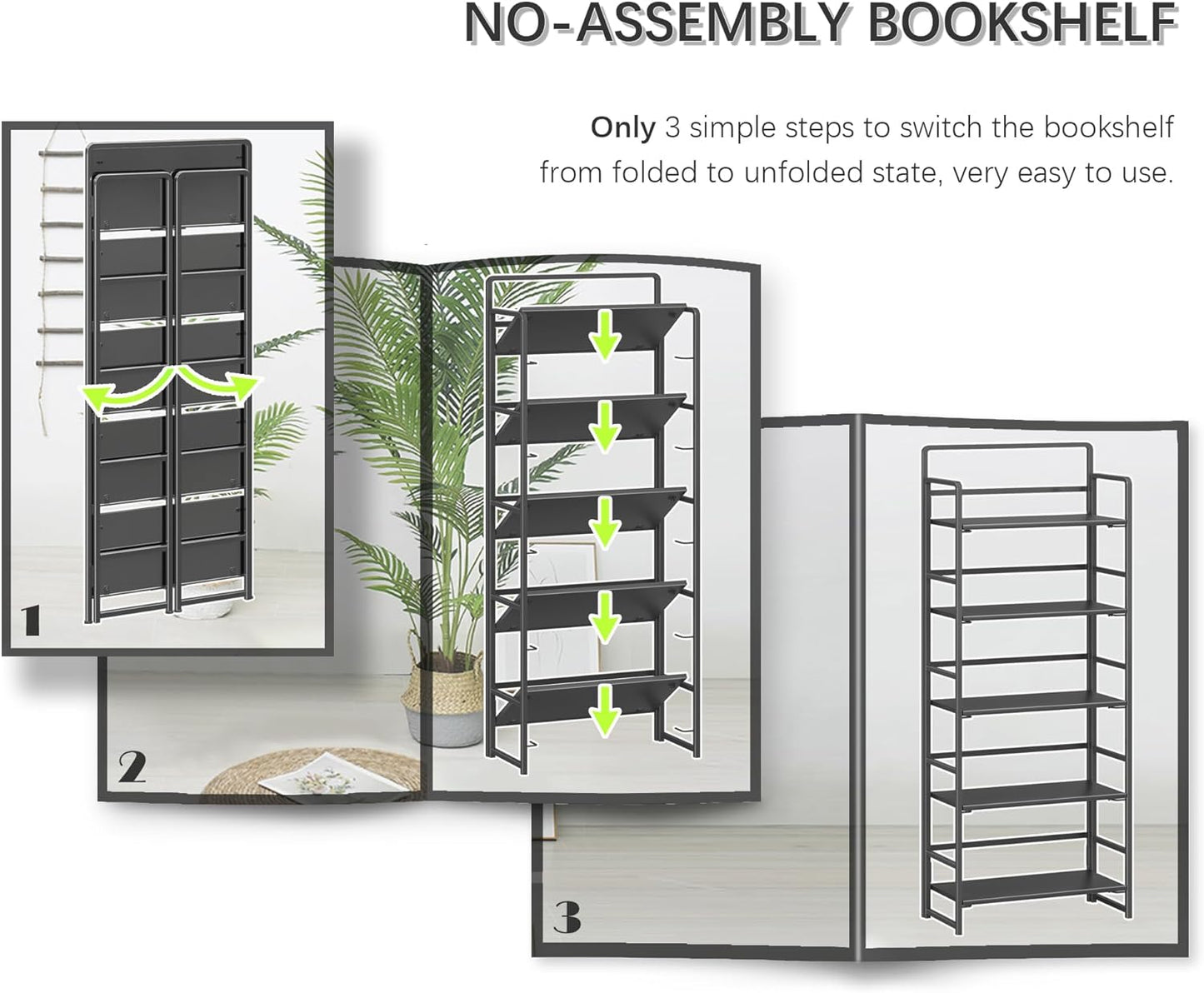 4NM No-Assembly 5 Tiers Folding Bookshelf Storage Shelves Vintage Bookcase Standing Racks Study Organizer Home Office (All Black)