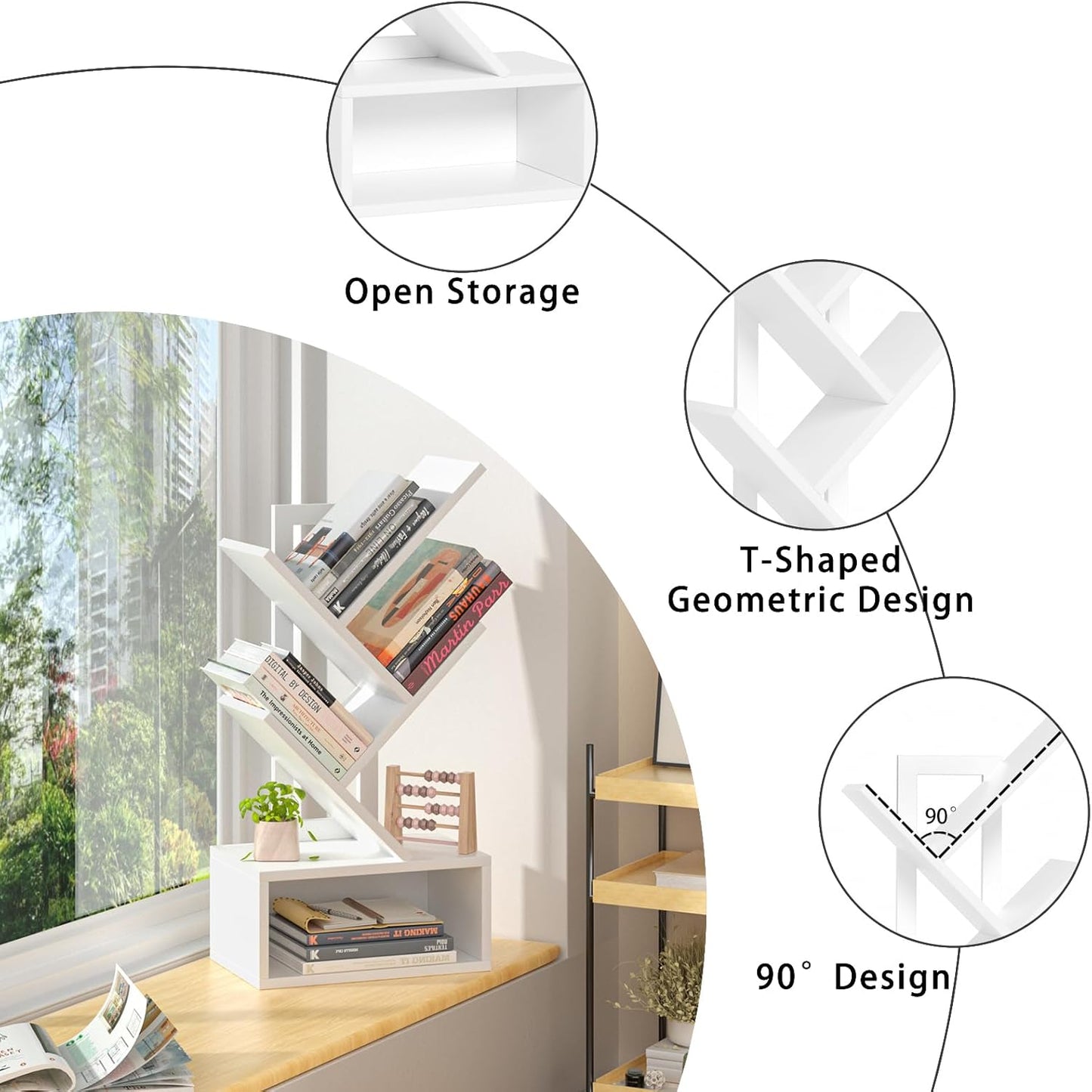 Small Tree Book Shelf,5 Tier Black Tree Bookshelf,White Desktop Bookcase,Modern Desk Display Storage Bookshelves,Floor Standing Organizer Bookcases for Living Room,Bedroom,Office