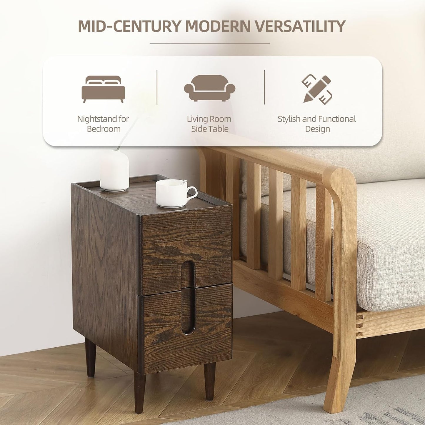 Solid Wood Bedside Table Nightstands, Slim Narrow Oak Real Wooden Mid-Century Modern End Table with Drawers Luxury Side Table Durable Cabinet Organizer Furniture, Walnut Color 9.84in Wide