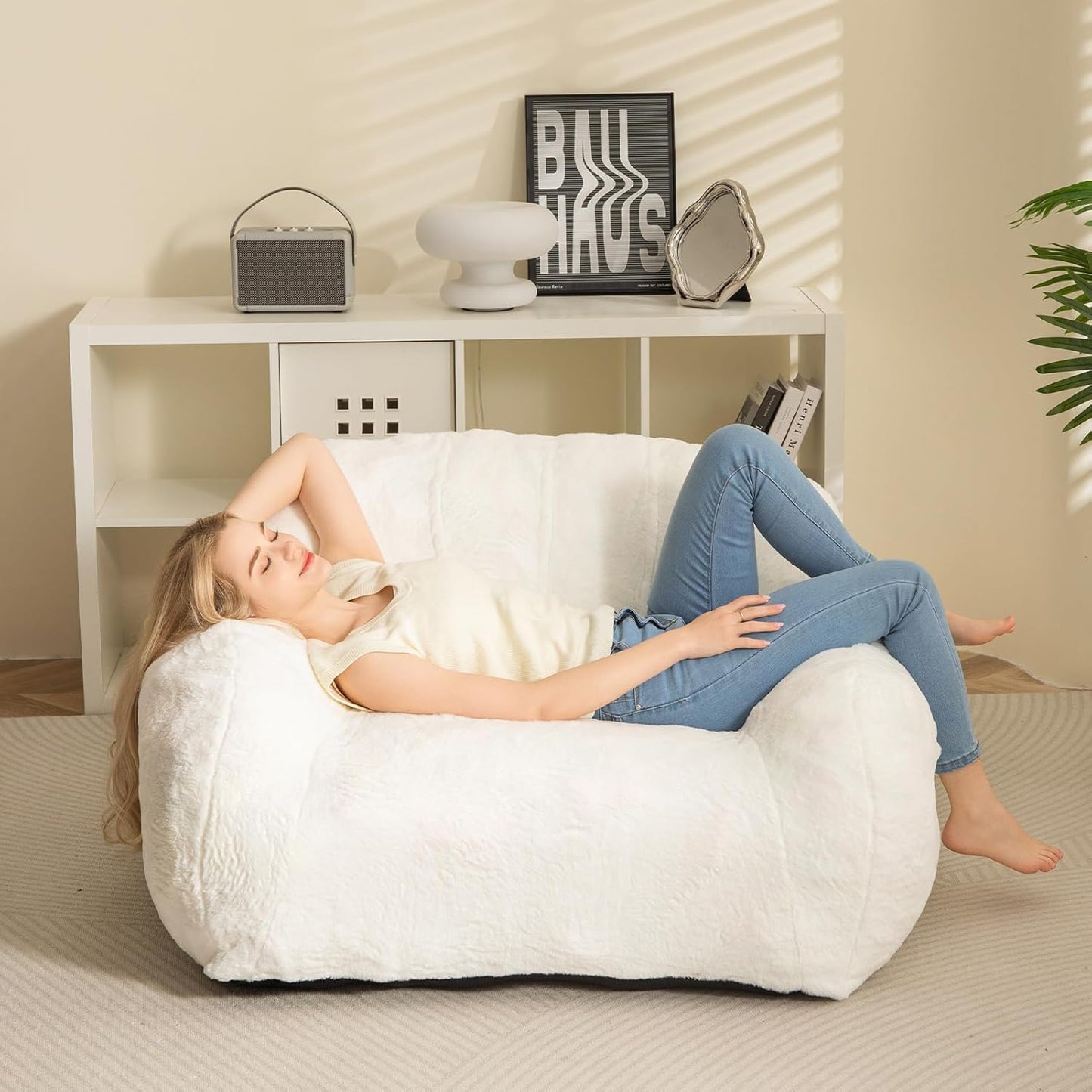 HIGOGOGO Giant Bean Bag Chair for Adults, Big Comfy Sofa Chair for Bedroom Living Room, Bean Bag Lazy Chair for Adults with Armrests for Gaming, Reading, Fur Beige