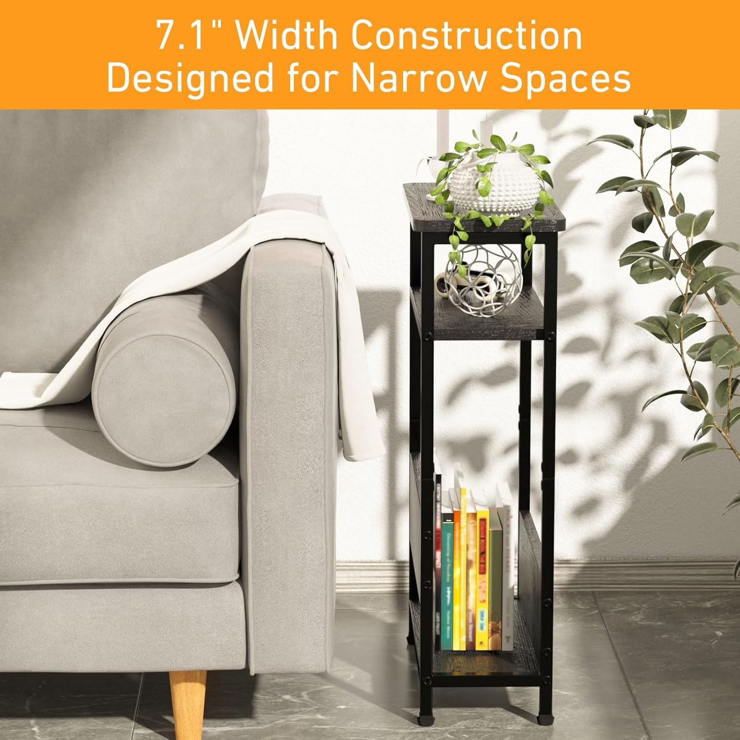 7.1" Narrow Side Table for Small Spaces, 3 Tier Small End Table with Magazine Holder, Slim/Skinny Nightstand/Bedside Table for Living Room, Bedroom, 15.4" L x 24.2" H, Black