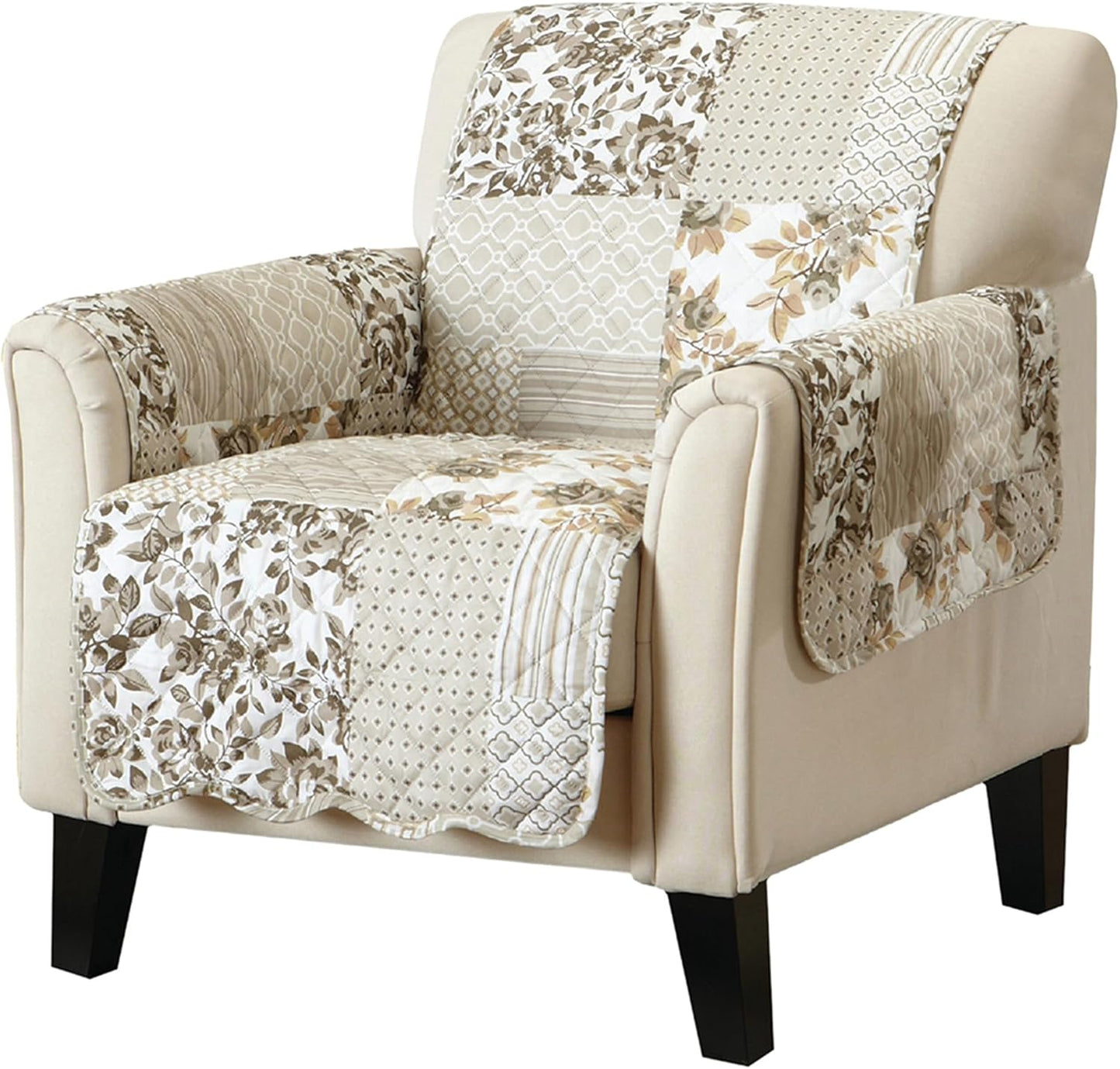 Great Bay Home Patchwork Scalloped Printed Furniture Protector Stain Resistant Chair Cover (Chair, Taupe)