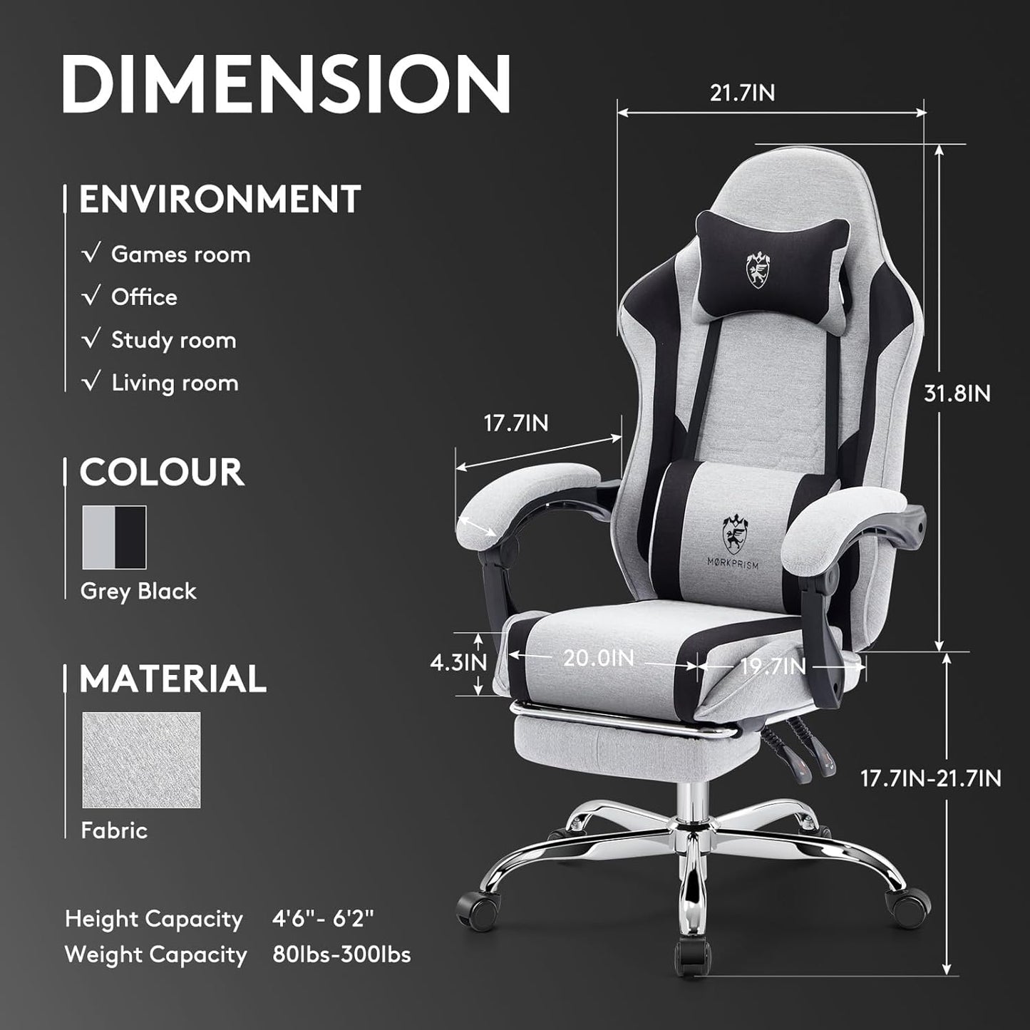 Gaming Chair Breathable Fabric,Computer Office Chair with Footrest,Massage Lumbar Support and Gel Pad,Ergonomic Reclining Adjustable Gamer Chair with Headrest and Spring Cushion Grey Black