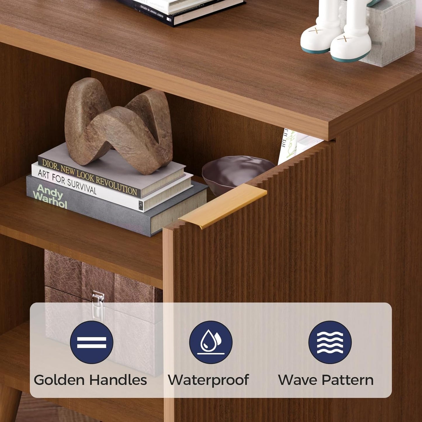 Fluted Buffet Cabinet – Modern Wood Sideboard with 2-Doors & Shelves, Multifunctional Storage Cabinet & Credenzas for Entryway, Dining & Living Room, Walnut