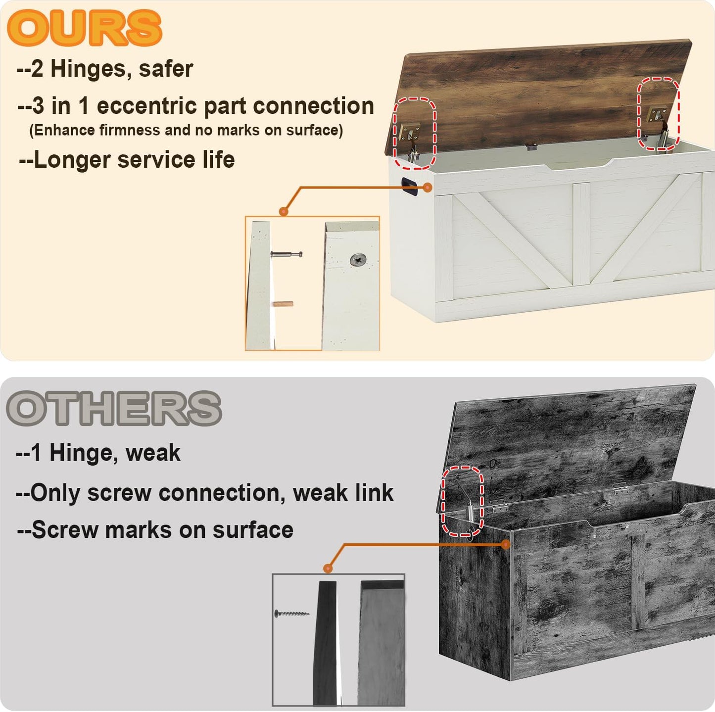 39.4" Storage Chest, Wooden Storage Bench, Large Storage Trunk with 2 Safety Hinges, Entryway Shoes Bench for Living Room, Bedroom, Brown and Rustic White