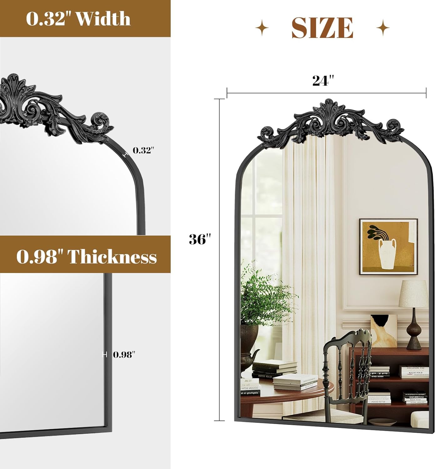 Vintage Arched Bathroom Mirror, 24x36 Inch Retro Wall Mounted Vanity Mirror with Carved Pattern Top and Metal Frame, Black Decorative Mirror for Hanging or Leaning