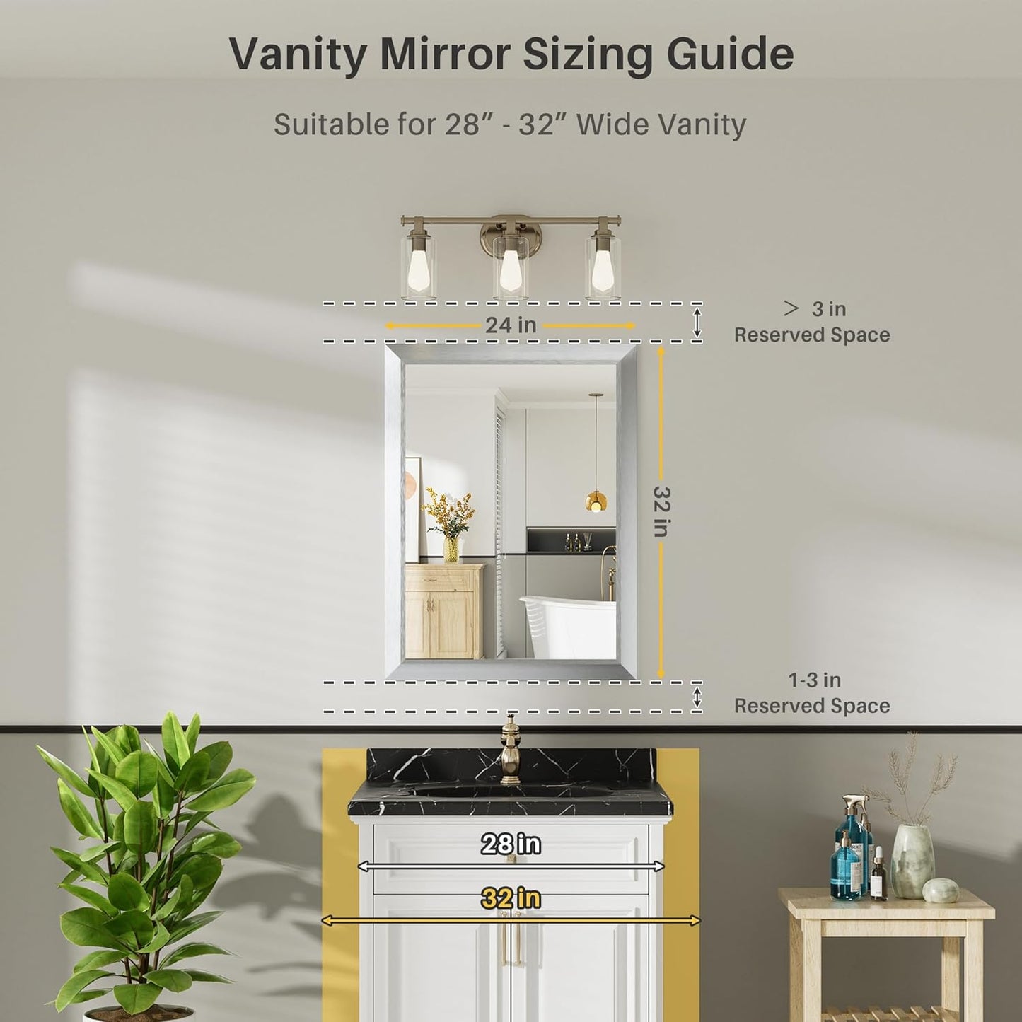 24x32 Inch Silver Bathroom Mirror for Wall, Thick Metal Framed Rectangle Mirrors for Over Sink, Bedroom, Living Room, Entryway, Anti-Rust, HD Tempered Glass