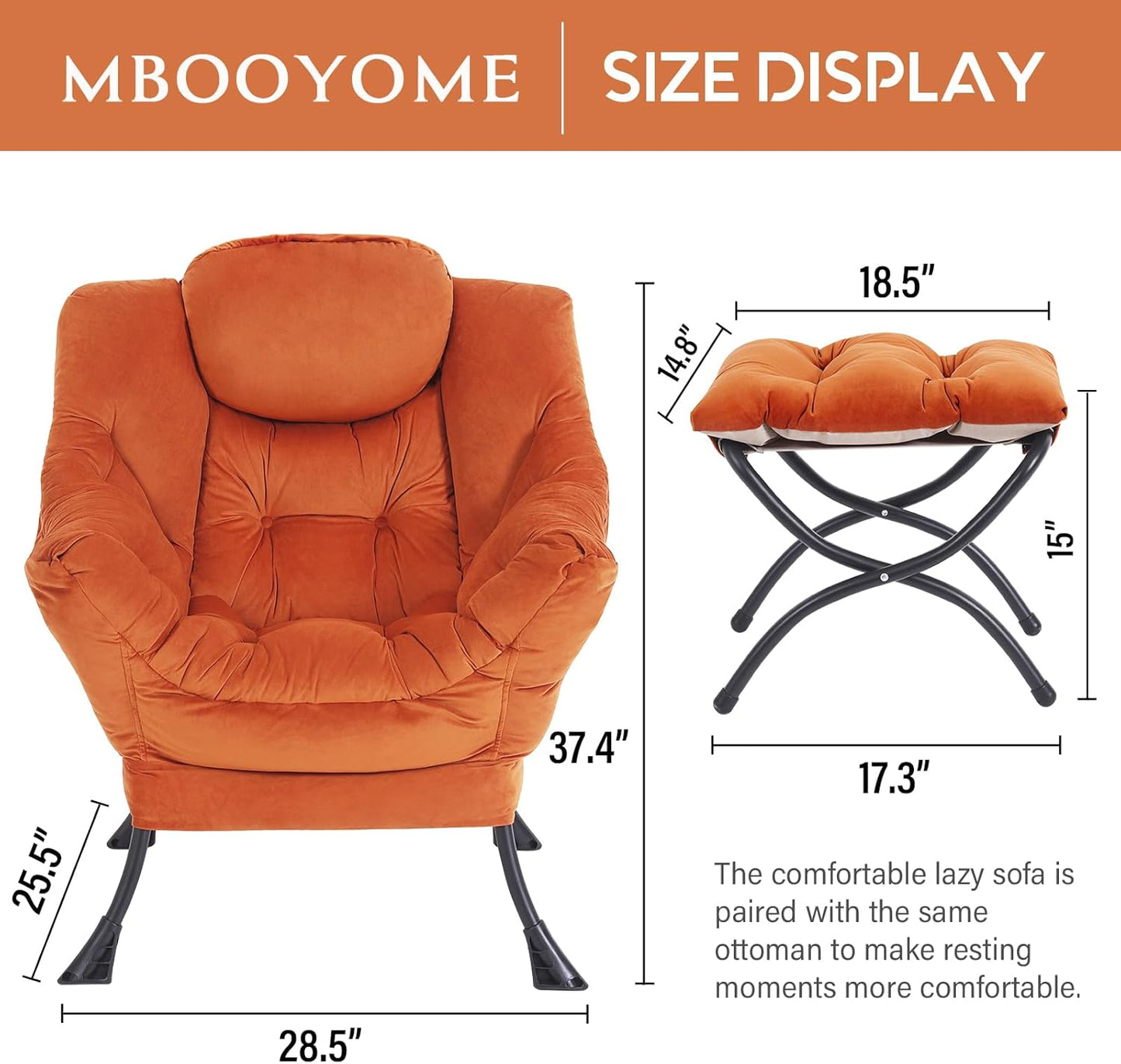 Lazy Chair with Folding Ottoman, Modern Accent Lounge Armchair with Armrests, a Side Pocket & Foldable Footstool, Leisure Reading Chair for Living Room, Bedroom, Dorm & Office, Velvet Orange