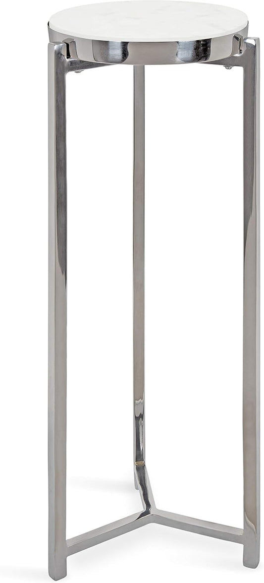 Kate and Laurel Aguilar Glam Round Drink Table, 8 x 8 x 23, Silver and White, Small Accent Table for Use as Plant Pedestal Stand with Marble Tabletop