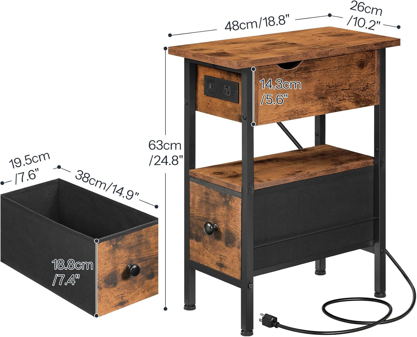 HOOBRO End Table with Charging Station, Flip Top Narrow Side Table with Storage Drawer, Slim Nightstand Bedside Tables, for Small Space, Living Room, Bedroom, Rustic Brown and Black BF343UBZ01G1