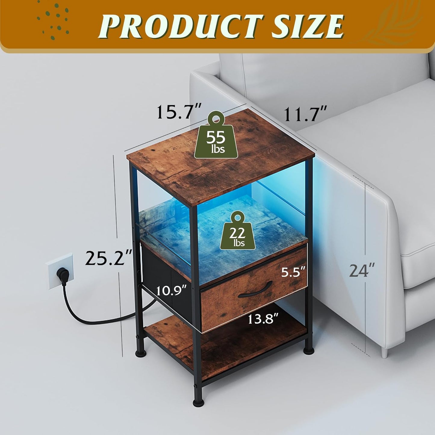WLIVE Night Stand with Charger Station, LED Nightstand with Adjustable Fabric Drawer, 3-Tier Storage Bedside Table, Small End Side Tables for Bedroom, Rustic Brown