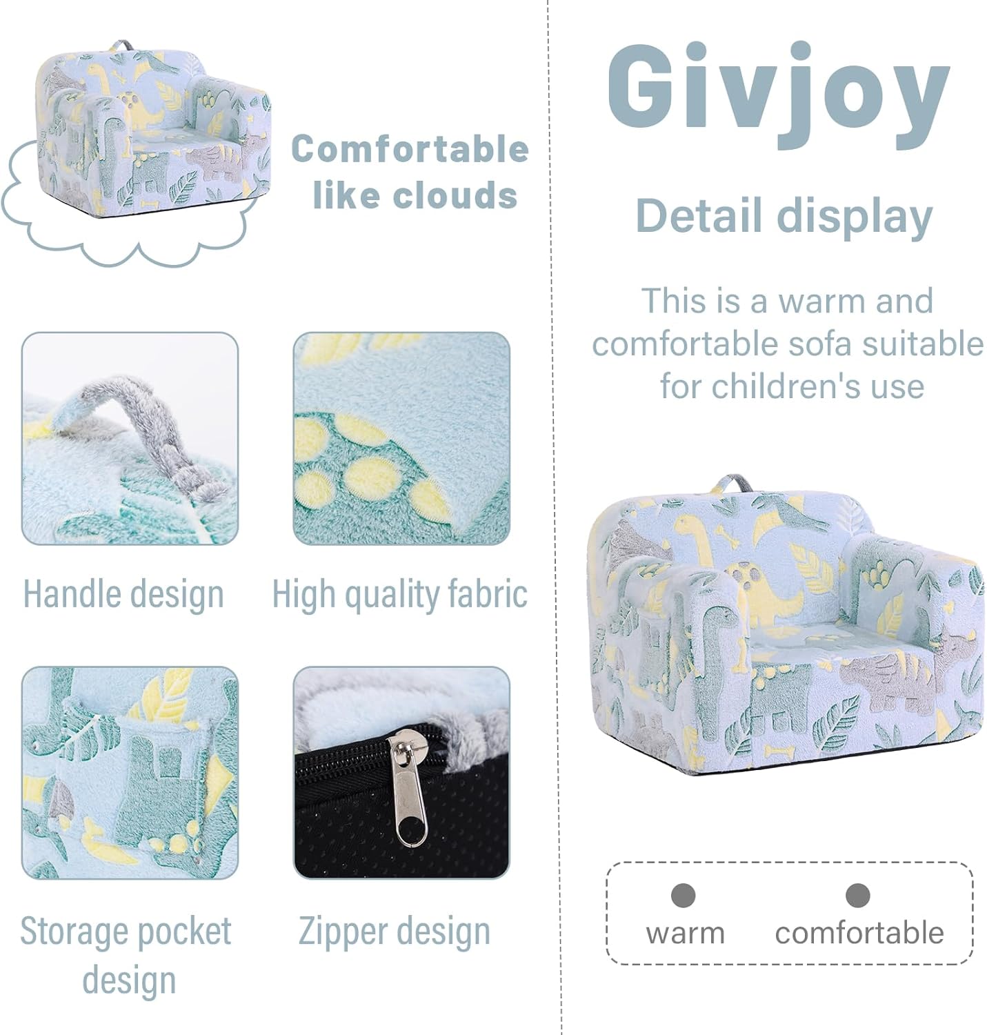 Toddler Chair Plush Kids Couch, Comfy Glow in The Dark Armchair with Removable and Washable Cover Carrying Handle Kids Sofa, Convertible Reading Chair Toddler Couch for Girls and Boys