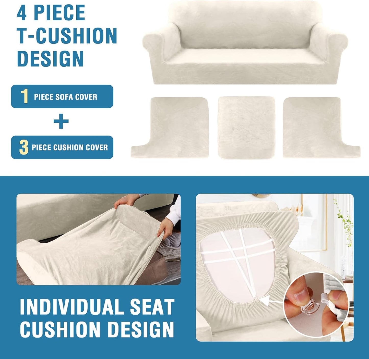 H.VERSAILTEX Sofa Cover 4 Piece T Cushion Sofa Slipcovers Couch Cover Furniture Protector Stretch T Cushion Sofa Covers for 3 Cushion Couch with 3 Individual T Cushion Covers, Ivory