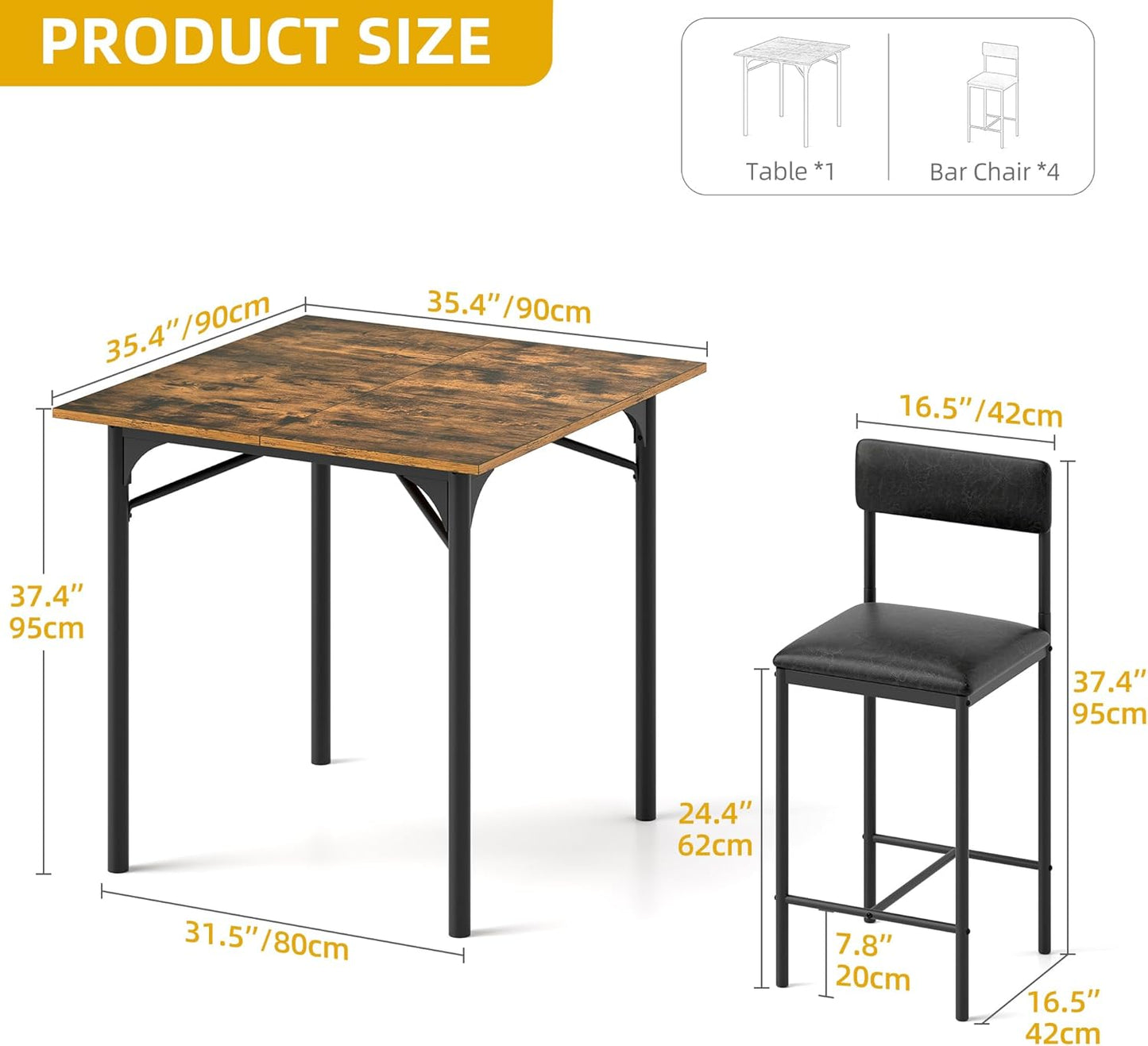 DWVO 5-Piece Dining Room Table Set Bar Table and Chairs Set Counter Height Dining Table Set Industrial High Top Kitchen Table with 4 Barstools for Kitchen Living Room Restaurant Bar Small Spaces Brown