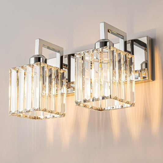 Modern Bathroom Vanity Light 2-Lights Chrome Crystal Wall Lamp Bathroom Modern Crystal Vanity Lighting