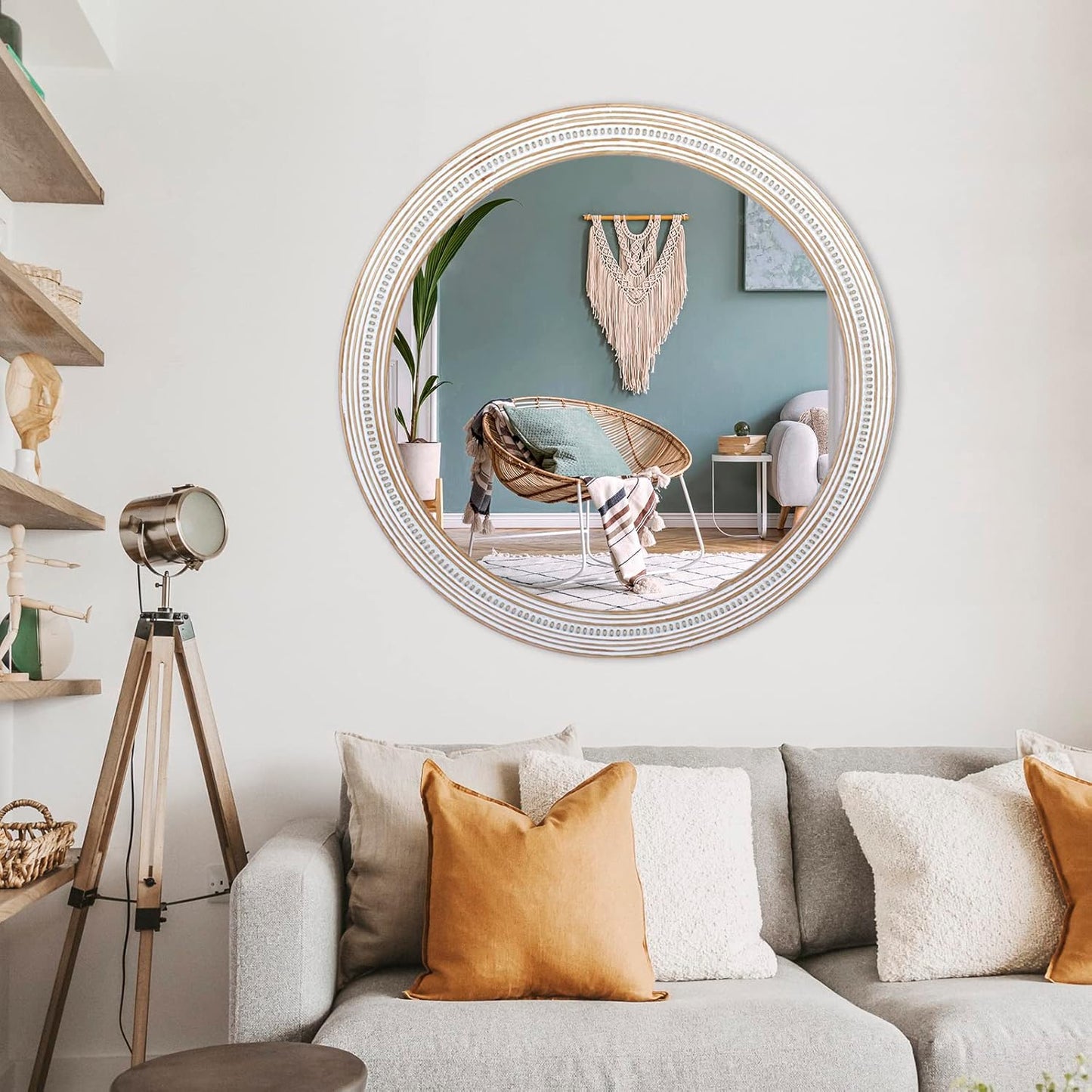 32 Inches Farmhouse Round Wood Mirrors for Wall Decor, Rustic Decorative Circle Mirror for Bathroom, Living Room, Foyer, Entryway