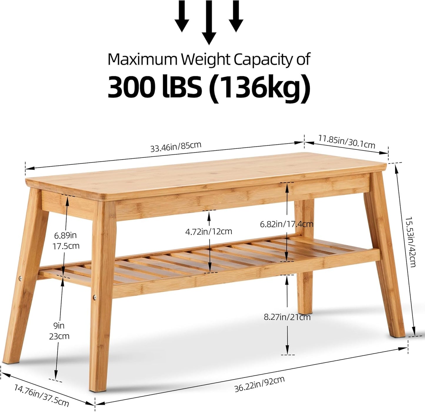 Nnewvante 33.46" Bamboo Entryway Bench, 2 Tier Indoor Storage Bench, Wood Bench for Living Room, Dining Room, Bedroom, Hallway, Holds up to 300lbs