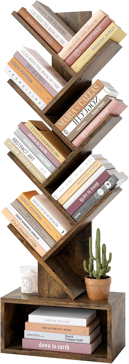 Hoctieon 6 Tier Tree Bookshelf, Tall Bookcase with Drawer, Freestanding Book Shelf, Display Floor Standing Storage Shelf, Book Organizer Shelves for Home Office, Rustic Brown
