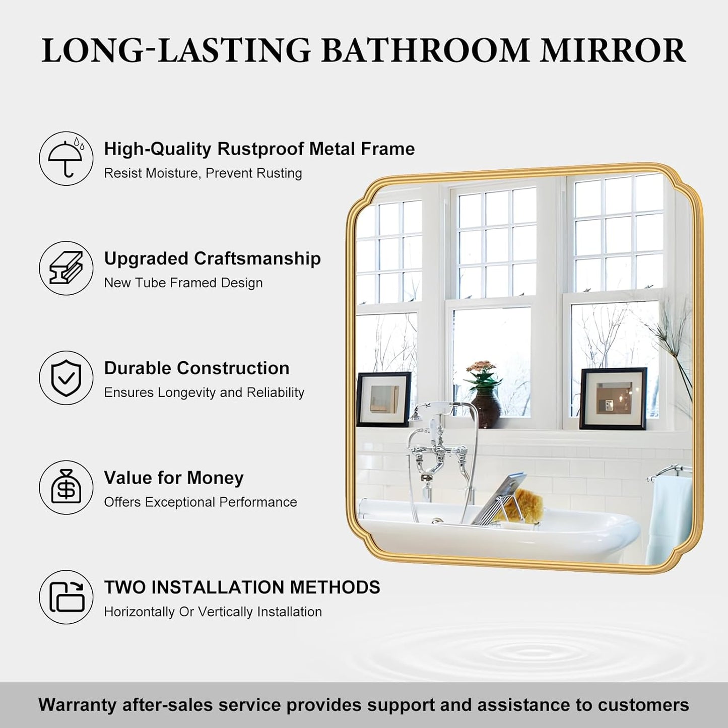 Gold Bathroom Mirror for Wall 36" x 36" Square Bathroom Vanity Mirror Farmhouse, Large Rounded Rectangle Mirror, Anti-Rust, Tempered Glass, Hangs Horizontally or Vertically