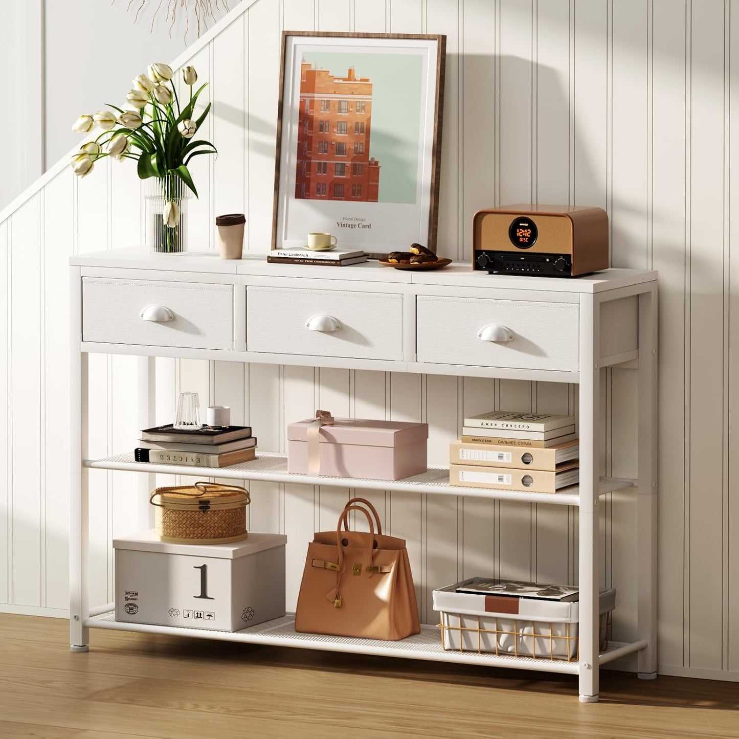 Furologee White Entryway Table, 38'' Console Sofa Table with 3 Fabric Drawers, Industrial Entry Way Table with Storage Shelves, Display Shelf for Living Room, Hallway, Entrance, Foyer